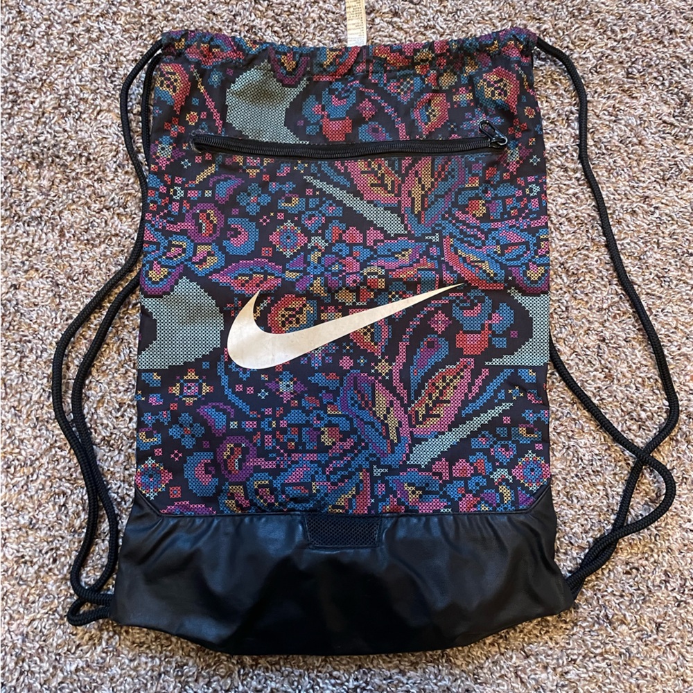 Nike Floral Pattern Drawstring Backpack - Black A… - image 1